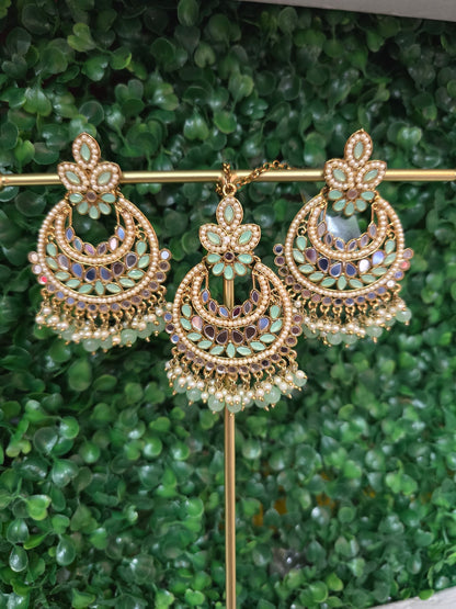 Beautiful designer mirror work earrings with bindi/tikka