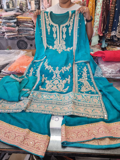 Beautiful designer fully embroidery plazo suit