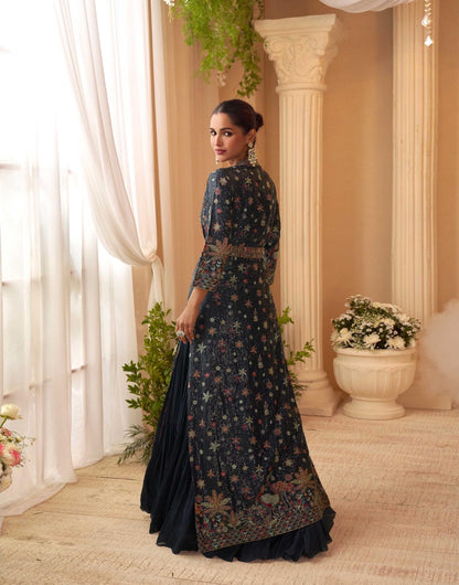 Beautiful designer long gown with fully embroidered koti and belt