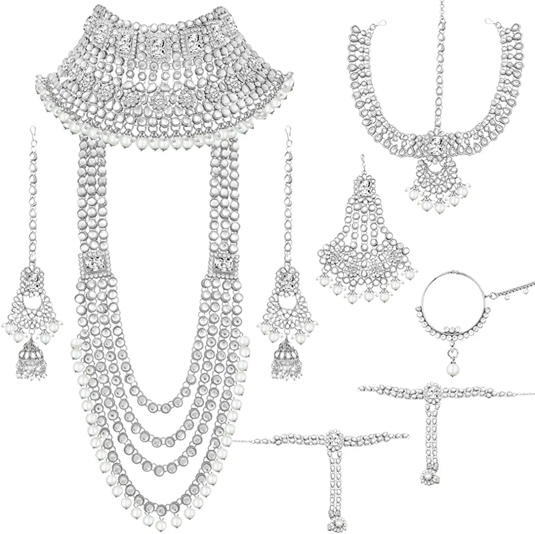 Beautiful designer Ethnic Indian Traditional Gold Plated Kundan Dulhan Bridal Jewellery Set with Choker Earrings Maang Tikka Hathphool for Women