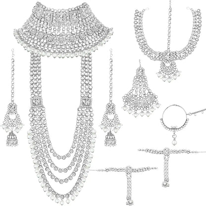 Beautiful designer Ethnic Indian Traditional Gold Plated Kundan Dulhan Bridal Jewellery Set with Choker Earrings Maang Tikka Hathphool for Women