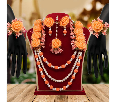 Beautiful designer Orange Color Synthetic Rose Floral Necklace Set