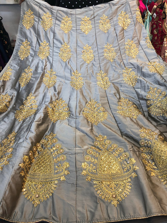 Beautiful designer satin silk semi stitch lengha suit