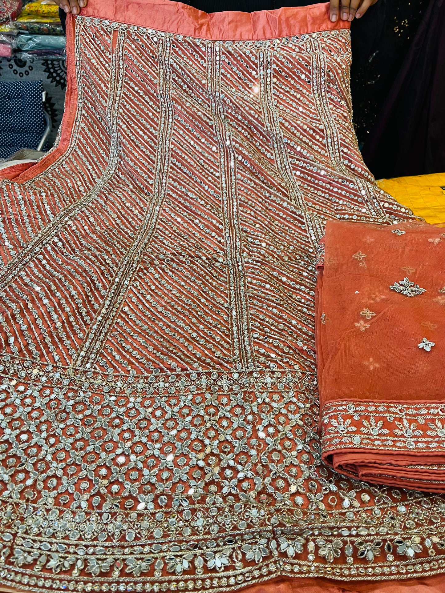 Beautiful designer mirror work semi stitch lengha