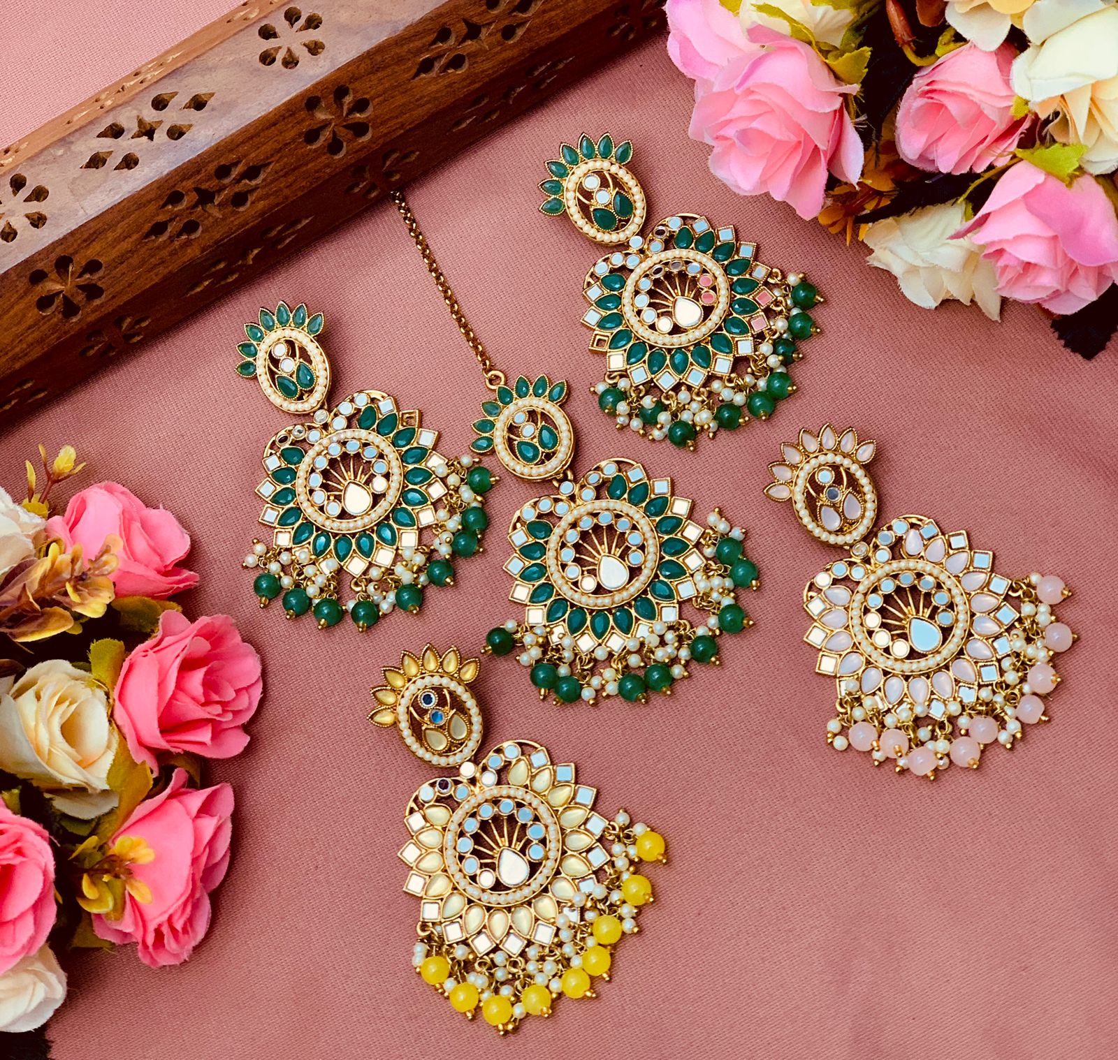 Beautiful designer mirror work earrings with bindi/tikka